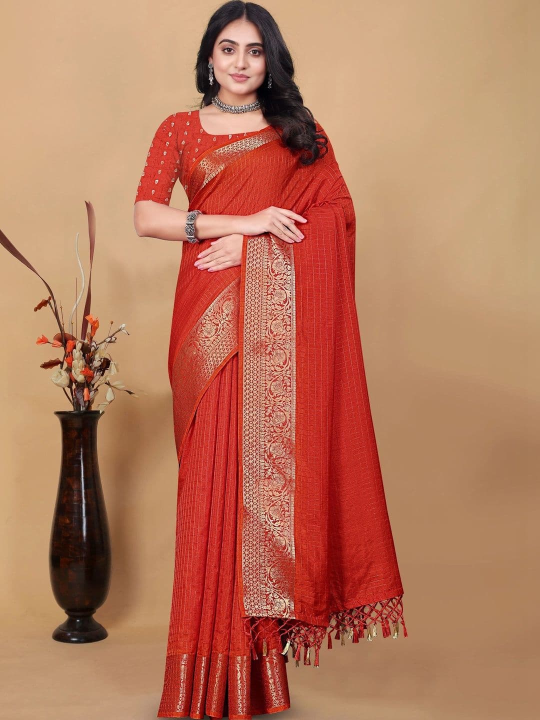 HOUSE OF VARNATANTU Striped Zari Kanjeevaram Saree - view 1