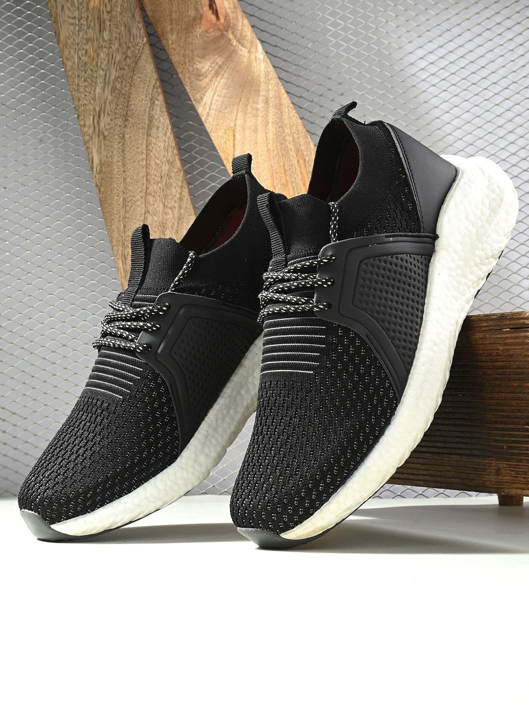 HRX by Hrithik Roshan Men Black & White Flyknit Mesh Non-Marking Running Shoes - view 1
