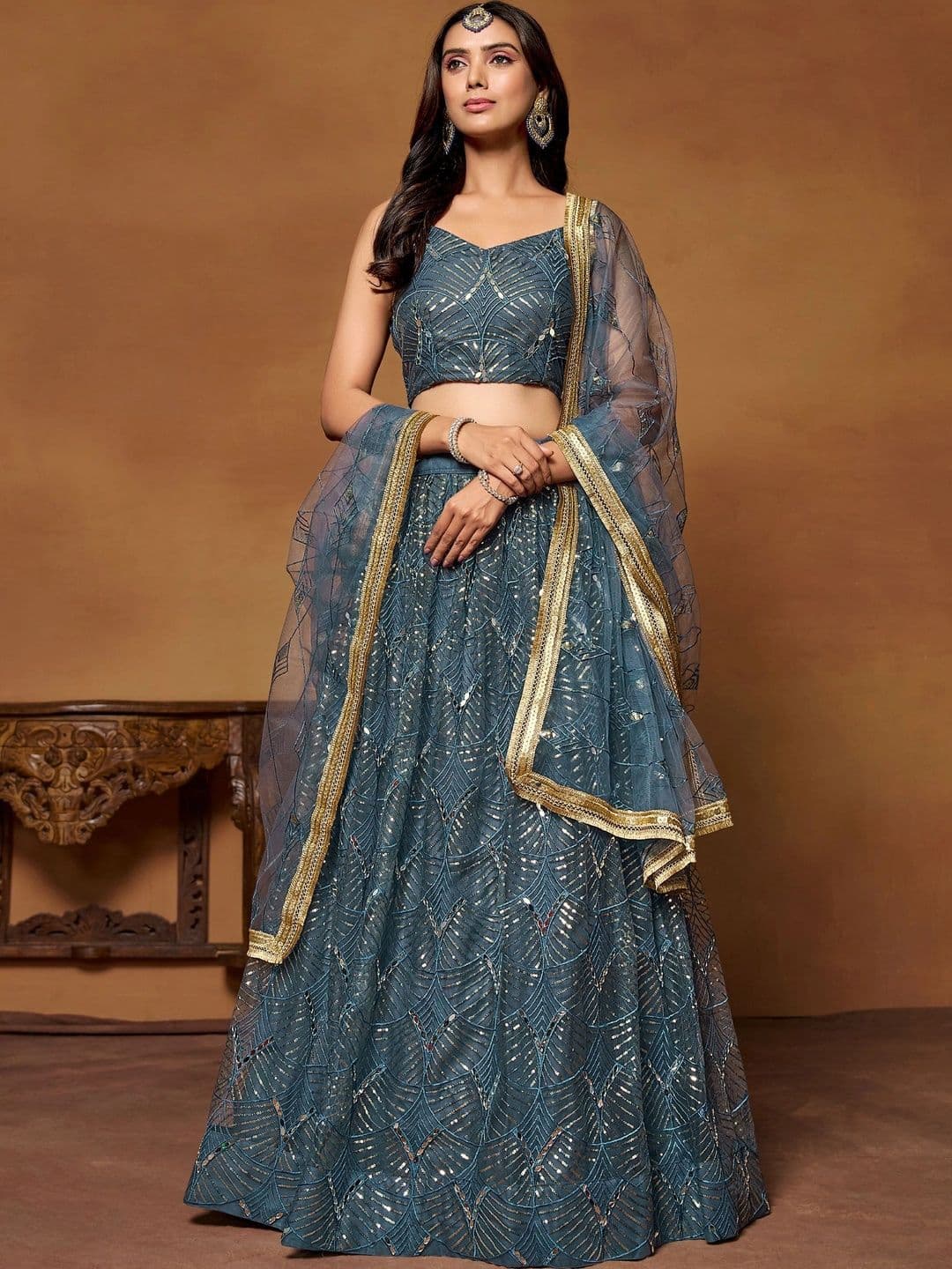 JIHU CULTURE Embellished Sequinned Semi-Stitched Lehenga & Unstitched Blouse With Dupatta - view 1
