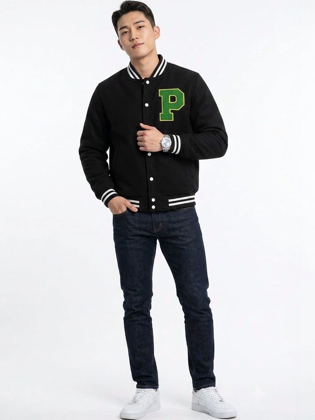 oiin Men Brand Logo Colourblocked Fleece Blend Varsity Jacket - view 1