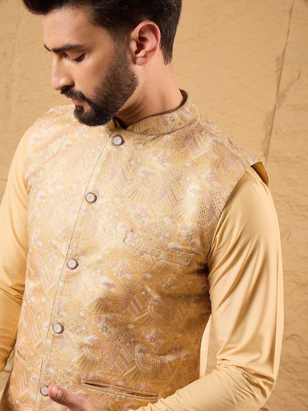 House of Pataudi Woven Design Mandarin Collar Koti - view 1