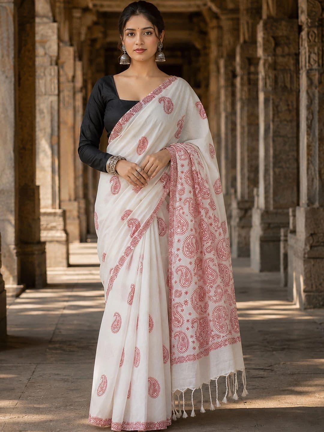 Mitera Linen Blend Designer Block Print Saree - view 1