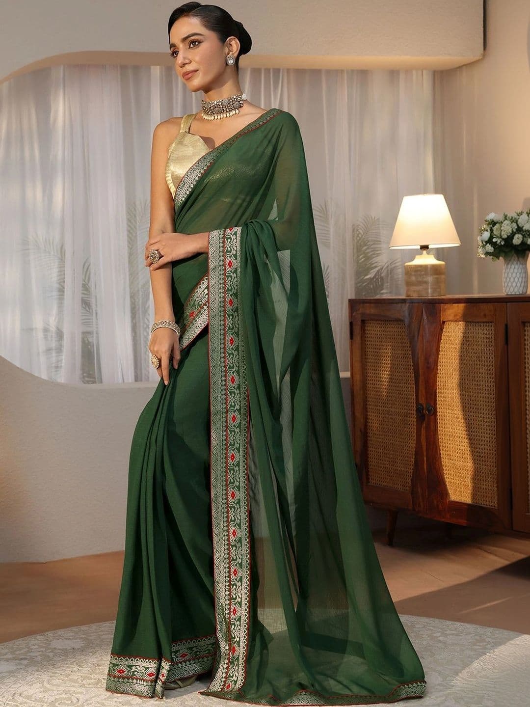 Libas Bottle Green Chiffon Pre Draped Saree - view 1