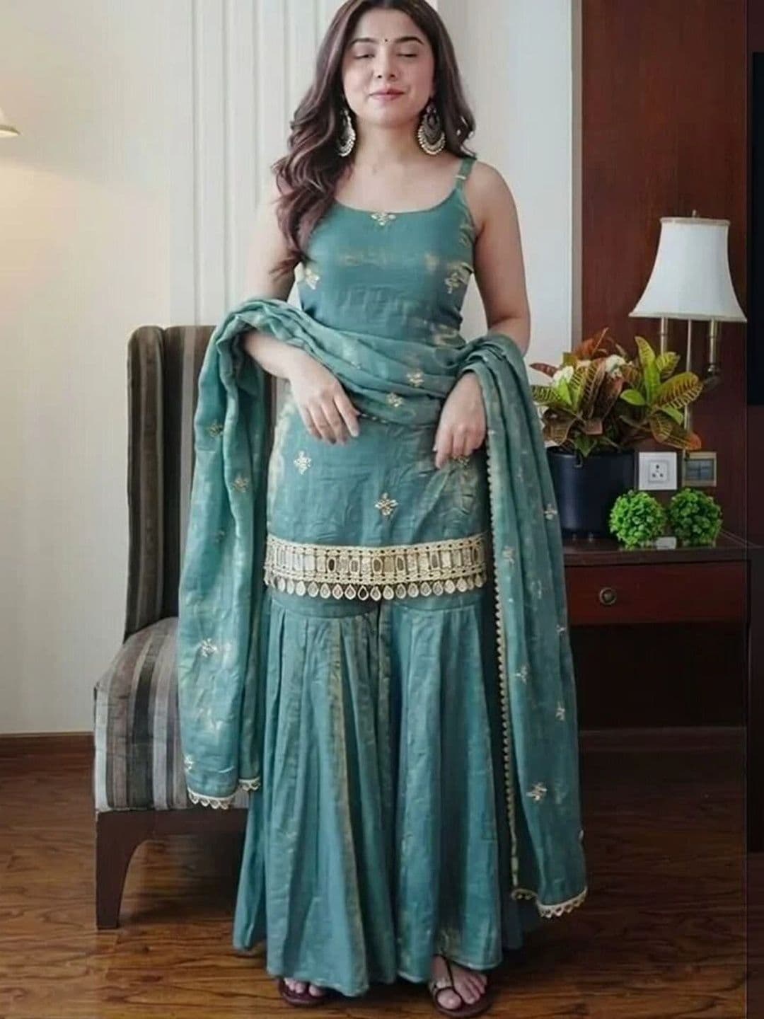 JIYASIYA Women Ethnic Motifs Embroidered Regular Kurta with Sharara & With Dupatta - view 1