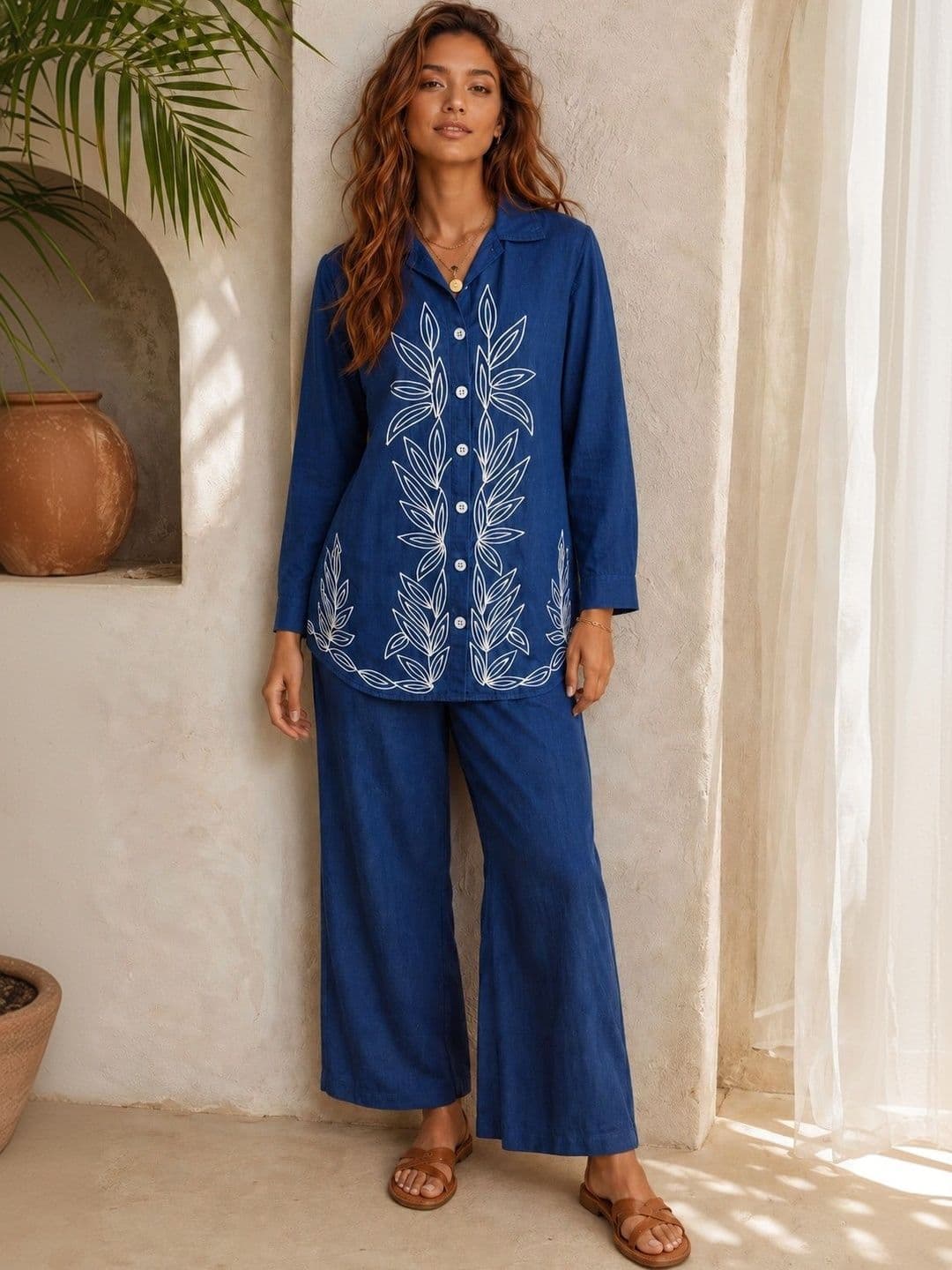 Sangria Indie Florals Cotton Embroidered Shirt with Trousers - view 1