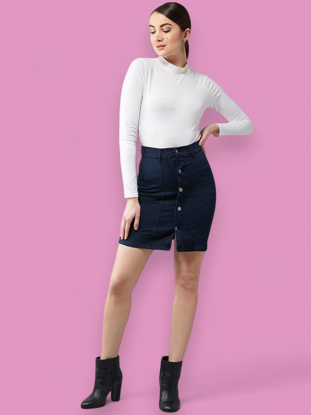 DressBerry Women Above Knee-Length Stretchable A-line Mini Denim Skirt - view 1