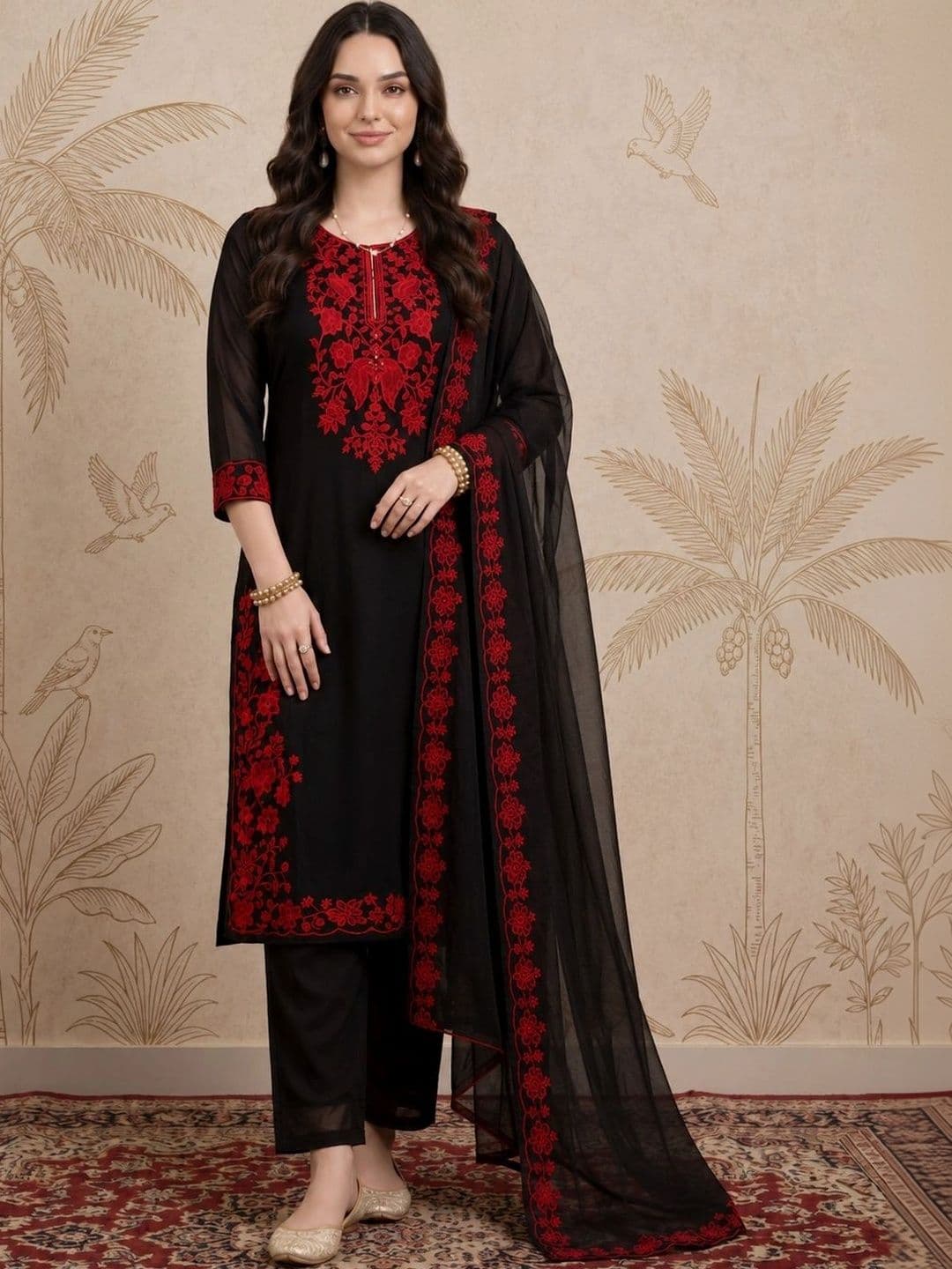Sangria Women Floral Embroidered Regular Thread Work Kurta with Trousers & With Dupatta - view 1