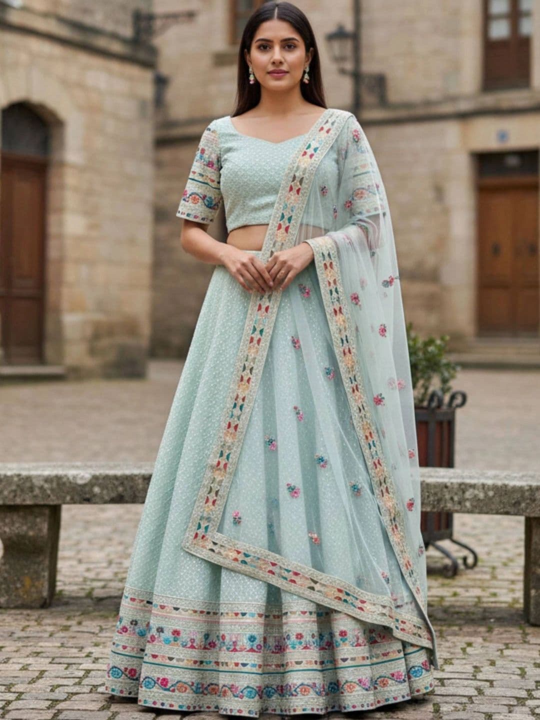 JIHU CULTURE Embroidered Thread Work Semi-Stitched Lehenga & Unstitched Blouse With Dupatta - view 1