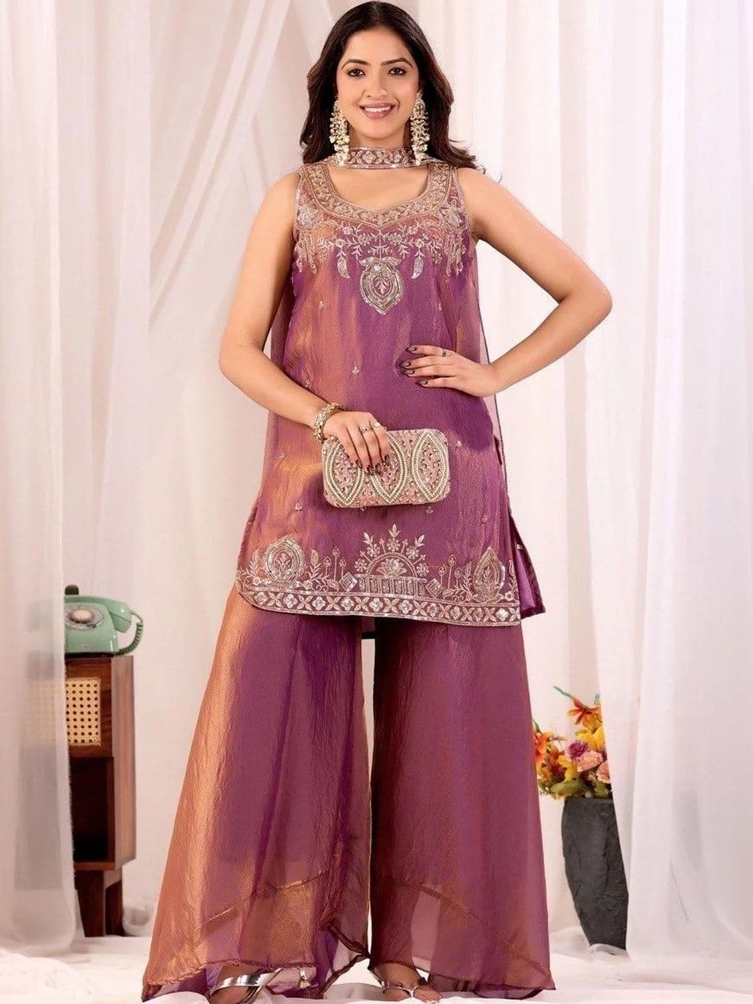 SHREE HARI FASHION Women Ethnic Motifs Embroidered Regular Thread Work Pure Silk Kurta with Palazzos & With - view 1