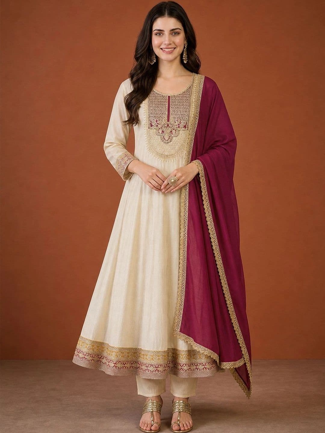 HERE&NOW Women Ethnic Motifs Embroidered Regular Thread Work Kurta with Trousers & With Dupatta - view 1