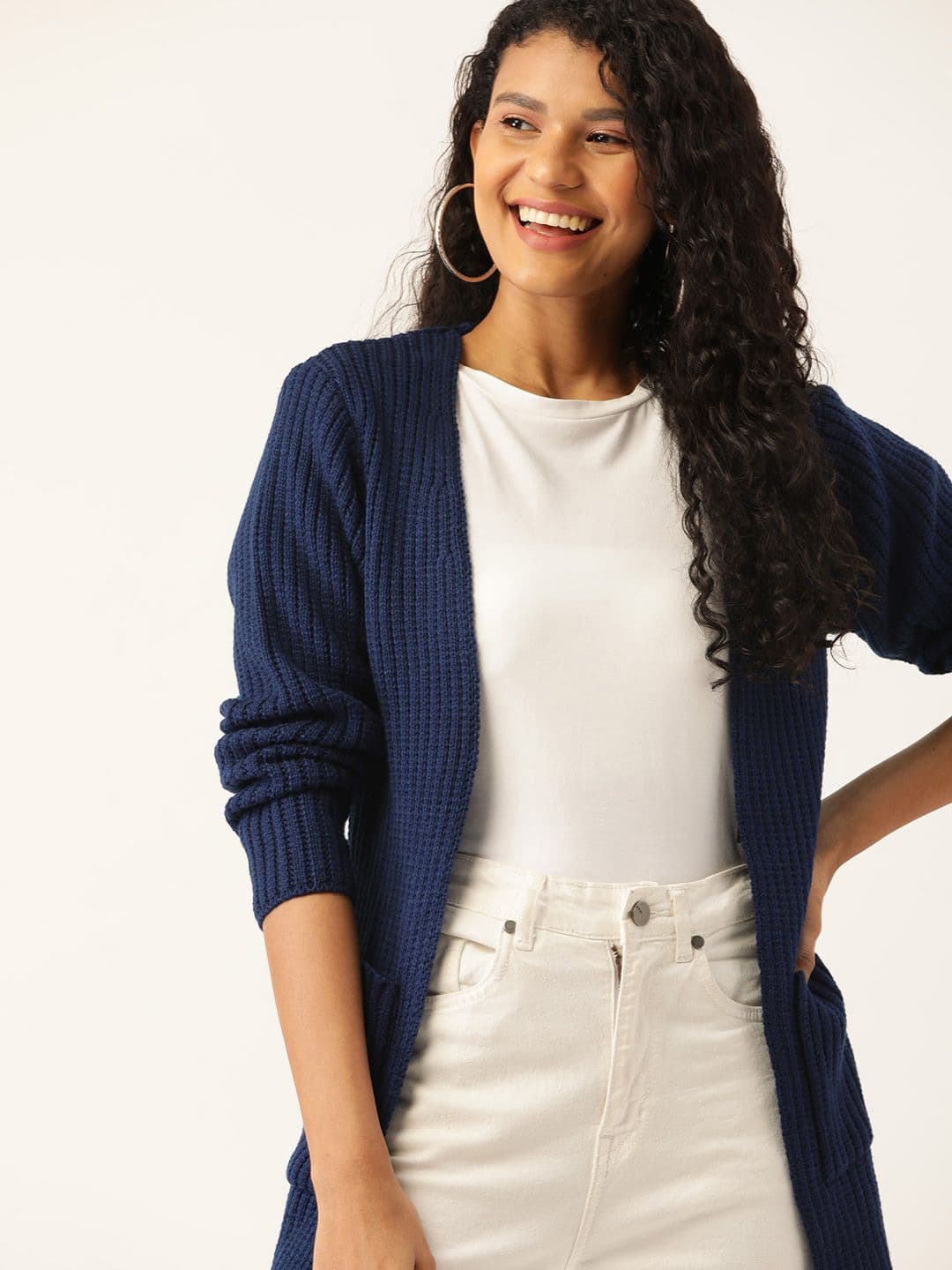 DressBerry Women Navy Blue Ribbed Longline Front-Open Sweater - view 1
