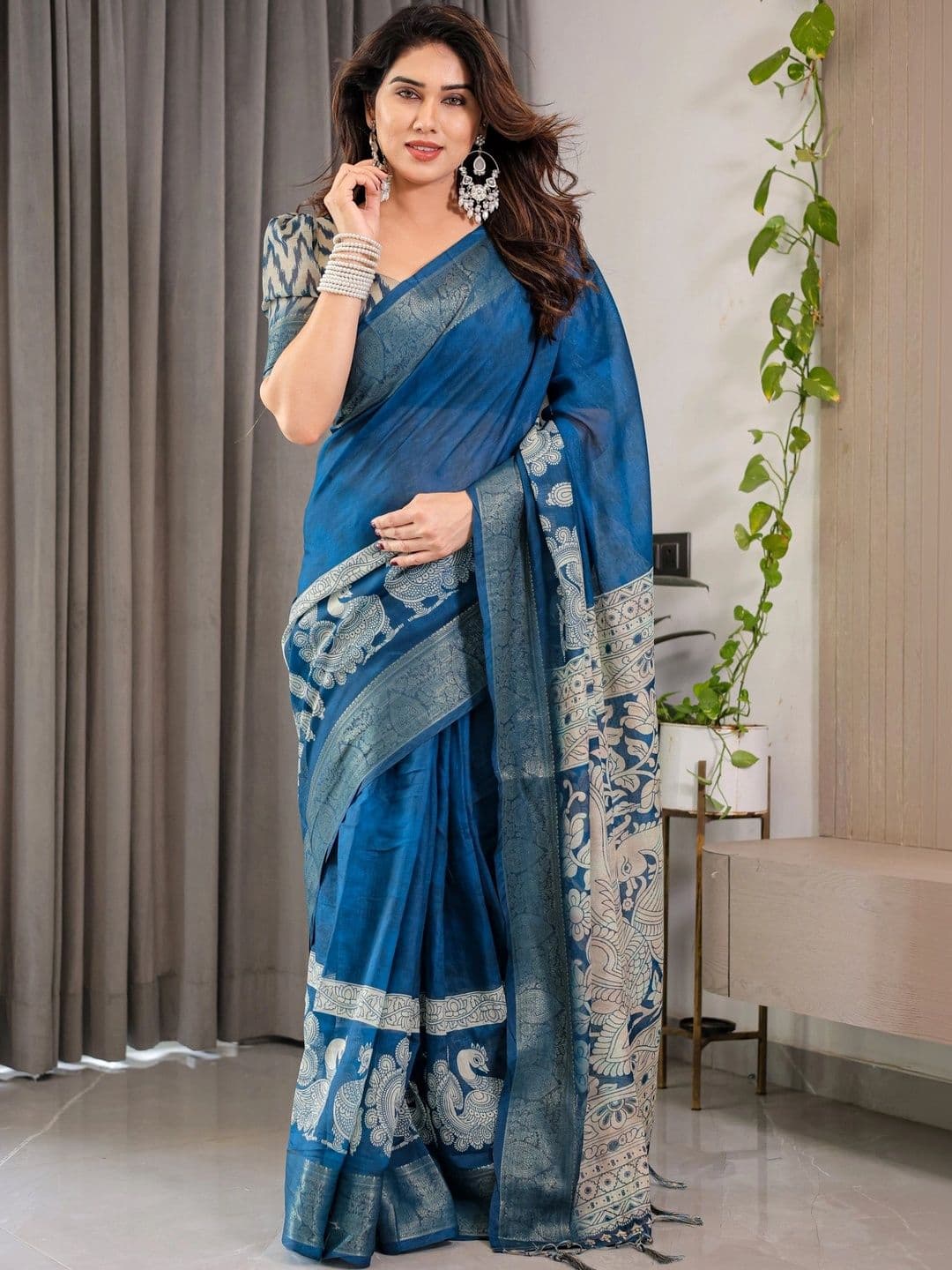 Moda Rapido Kalamkari Zari Linen Blend Designer Saree - view 1