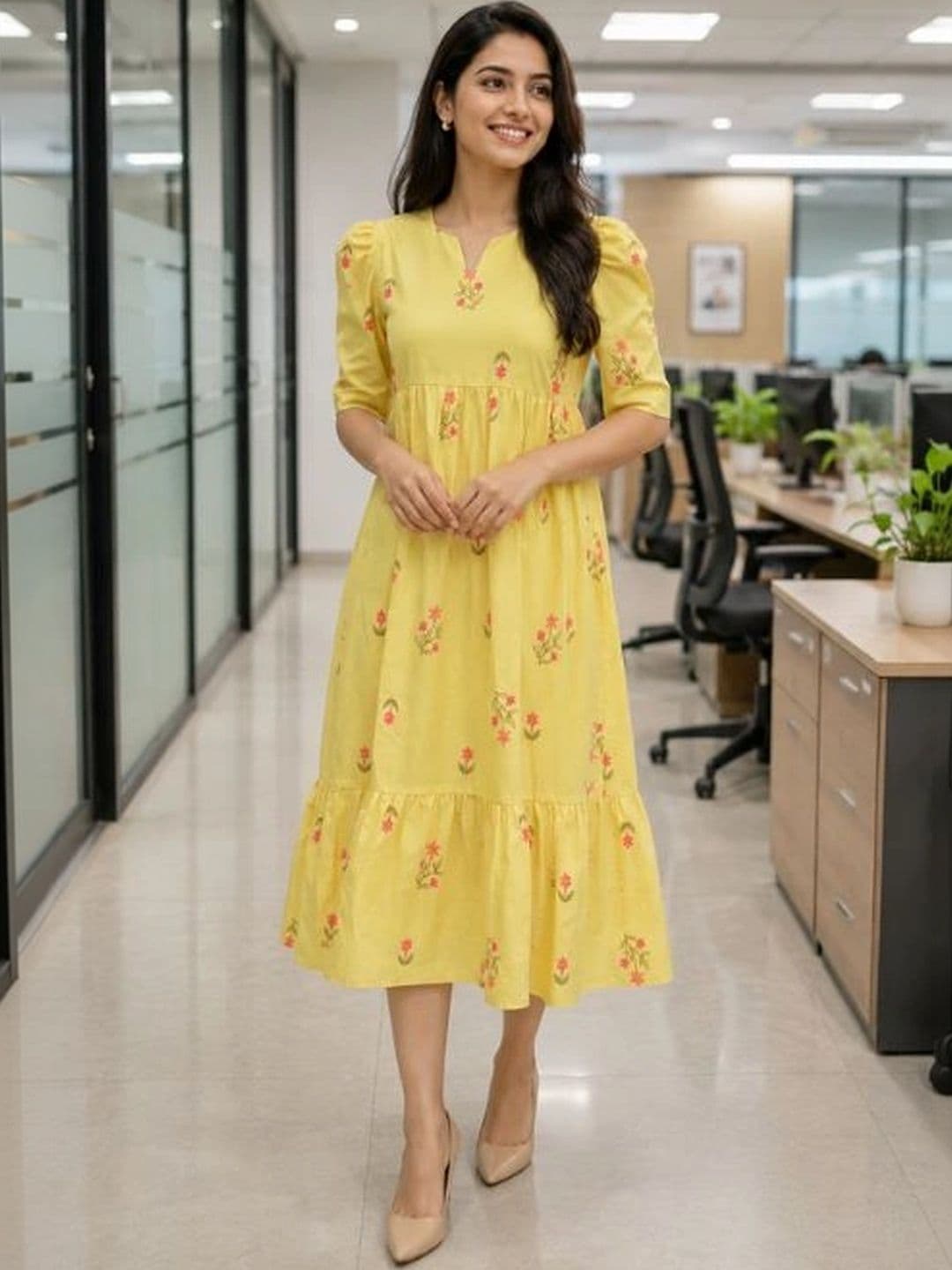 Moda Rapido Floral Print Puff Sleeve A-Line Midi Dress - view 1