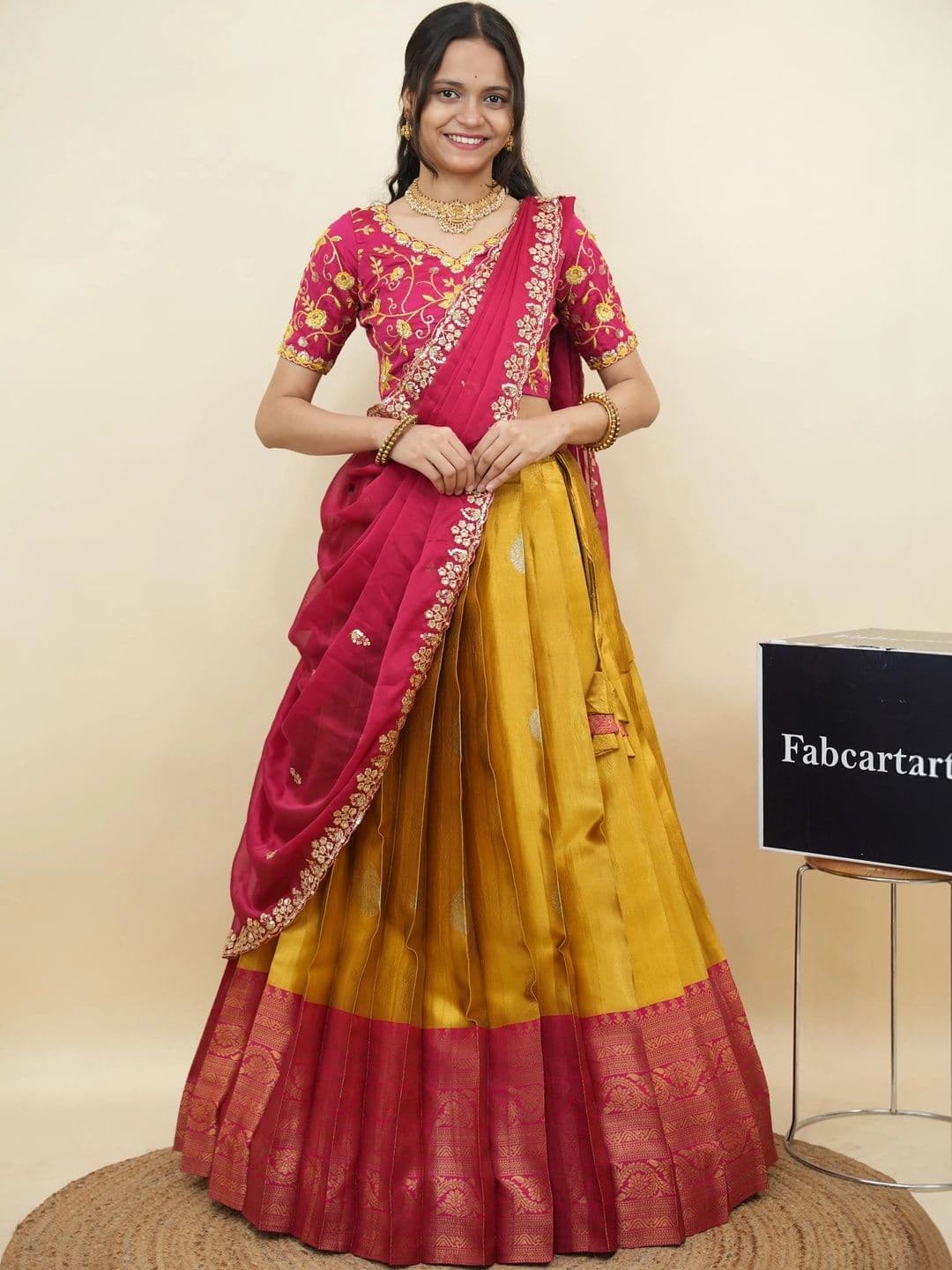 Fabcartz Embroidered Sequinned Semi-Stitched Lehenga & Unstitched Blouse With Dupatta - view 1