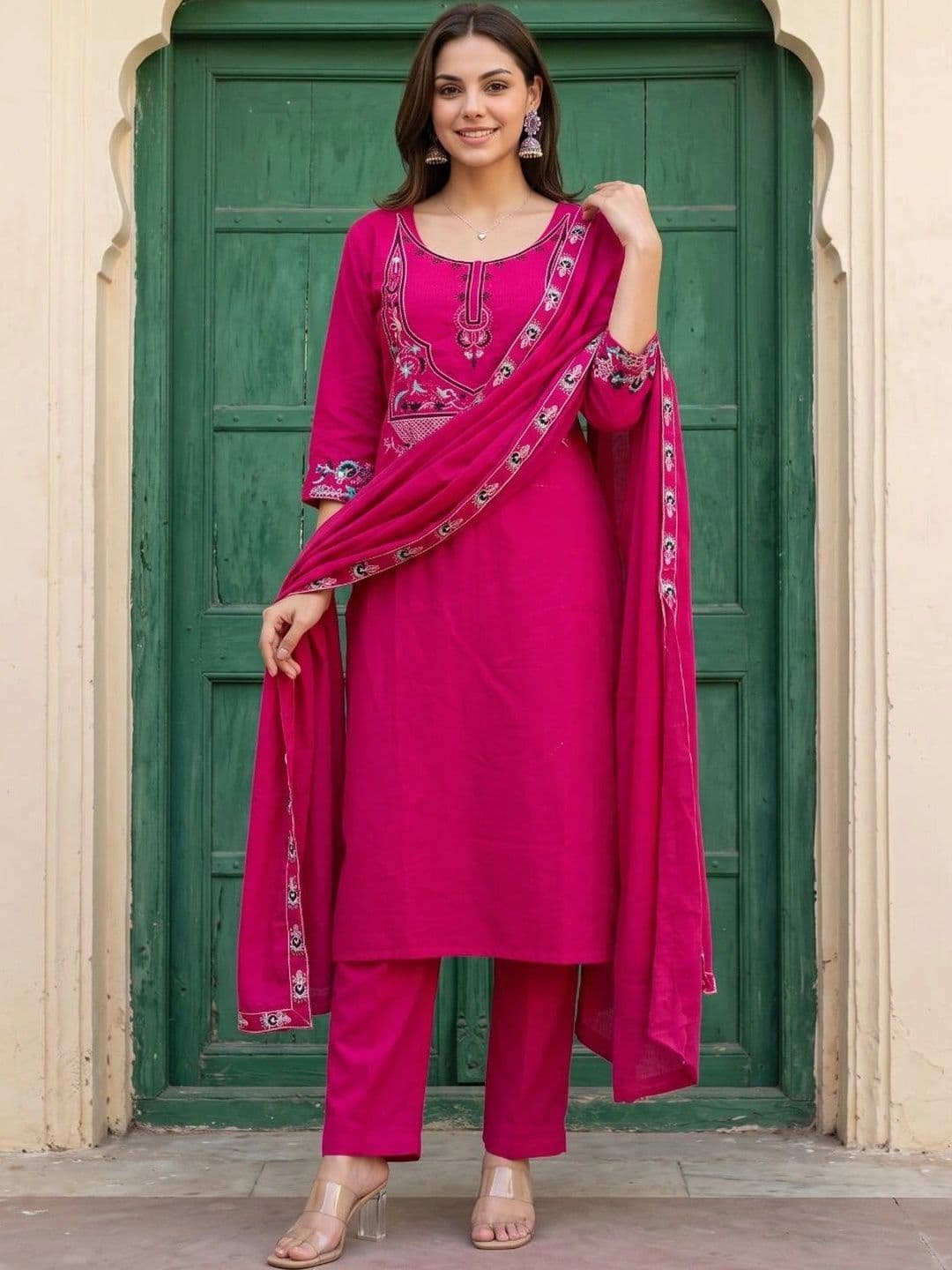 Sangria Women Ethnic Motifs Embroidered Regular Thread Work Pure Cotton Kurta with Trousers & With Dupatta - view 1