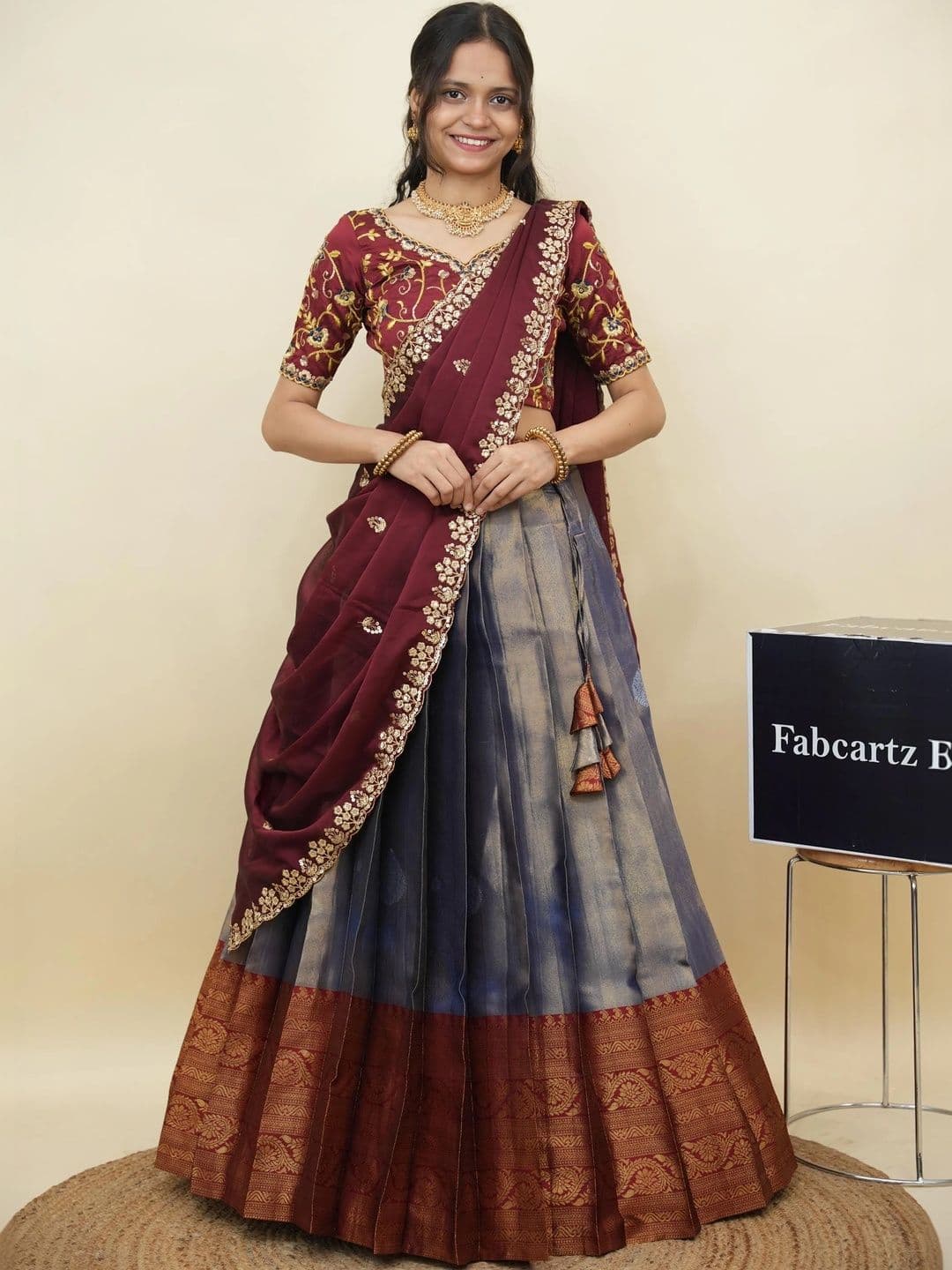 Fabcartz Embroidered Sequinned Semi-Stitched Lehenga & Unstitched Blouse With Dupatta - view 1