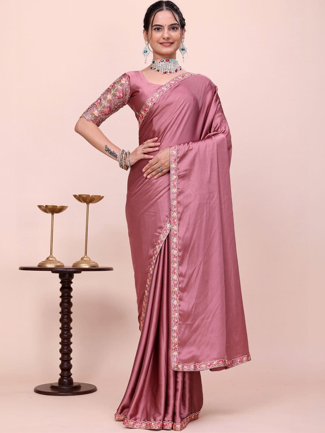 KALINI Floral Embroidered Satin Designer Saree - view 1