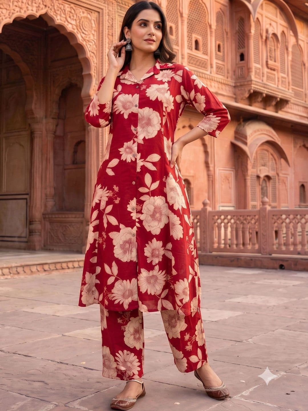 Bunkari Women Floral Printed Regular Pure Cotton Kurta with Palazzos - view 1