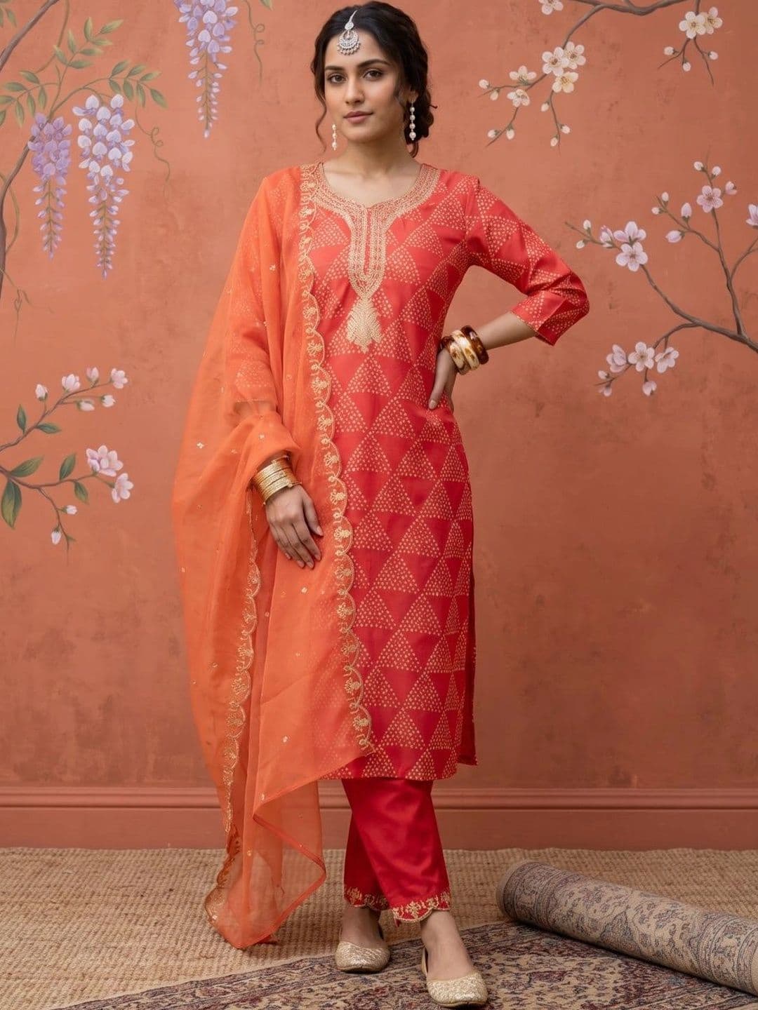 Sangria Women Ethnic Motifs Printed Regular Thread Work Kurta with Trousers & With Dupatta - view 1
