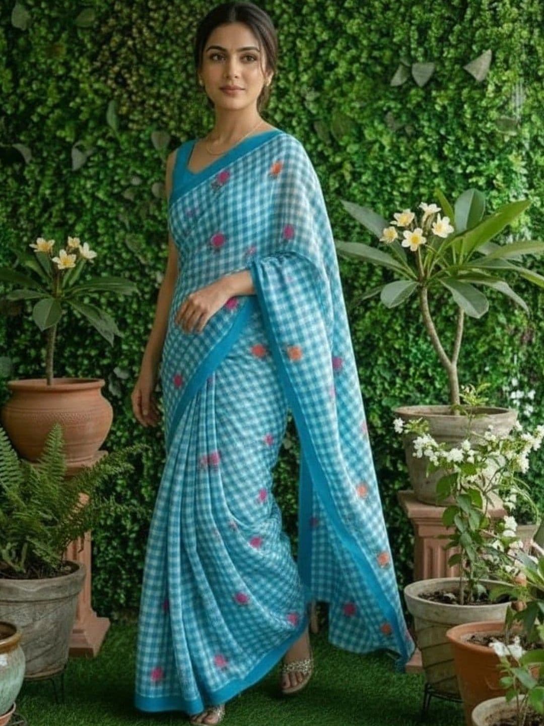 Saatika Blue And White Checkered Print Linen Cotton Saree - view 1