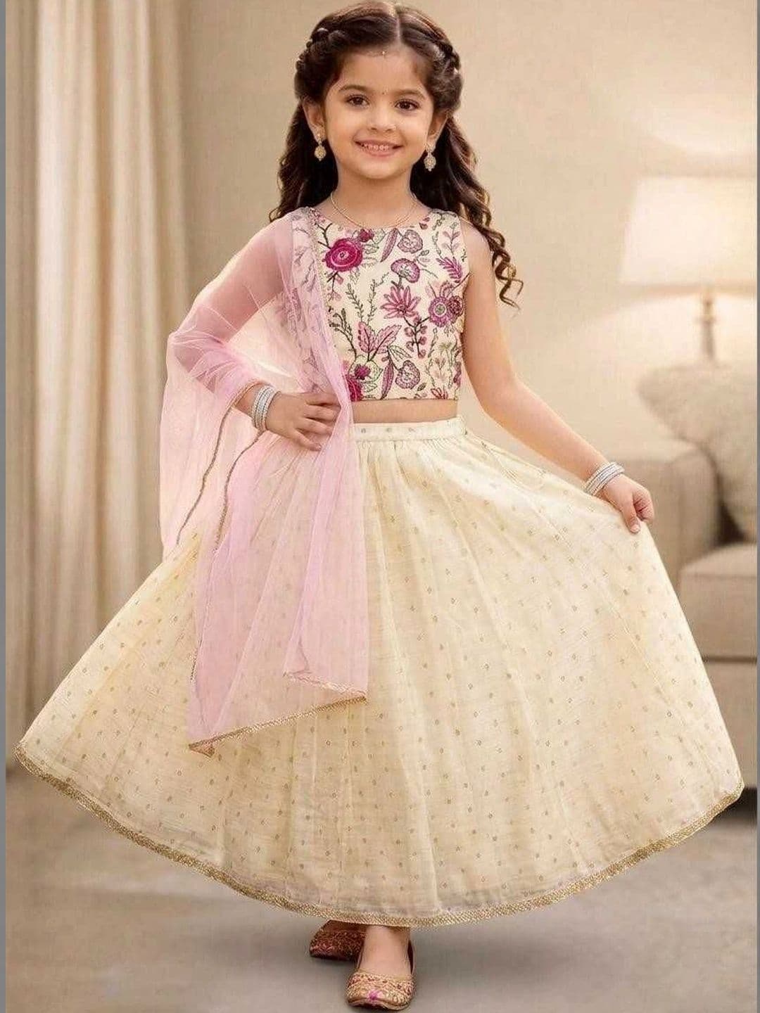 KALINI Girls Embroidered Mirror Work Ready to Wear Lehenga & Blouse With Dupatta - view 1