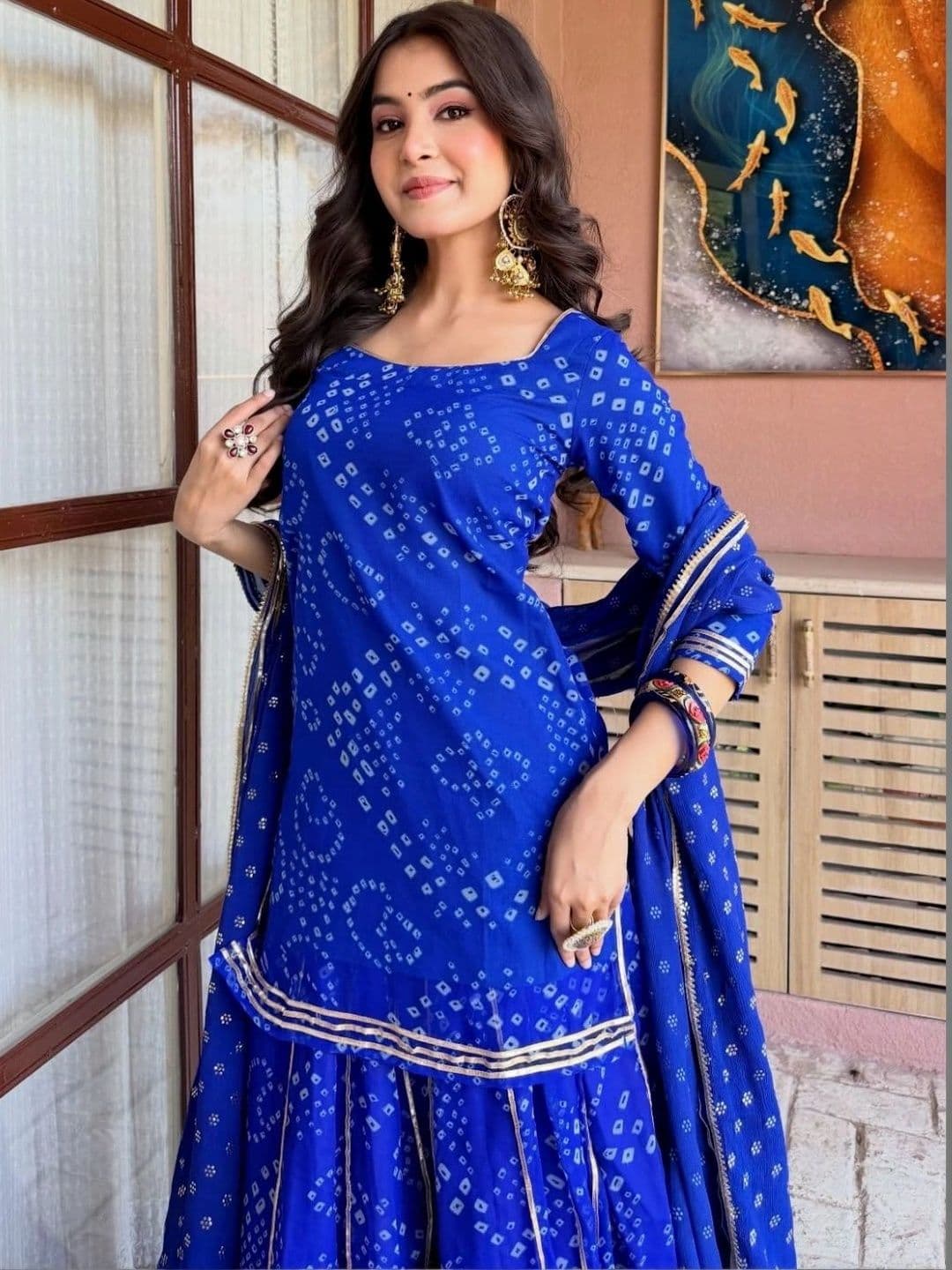 KALINI Women Bandhani Printed Regular Silk Georgette Kurta with Sharara & With Dupatta - view 1