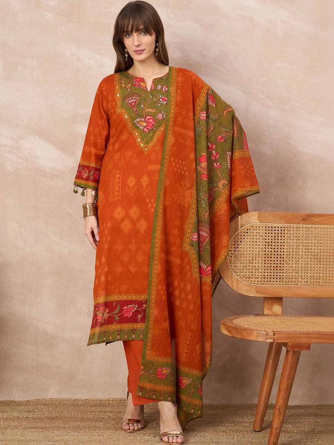 all about you Women Floral Printed Regular Pure Cotton Kurta with Trousers & With Dupatta - view 1