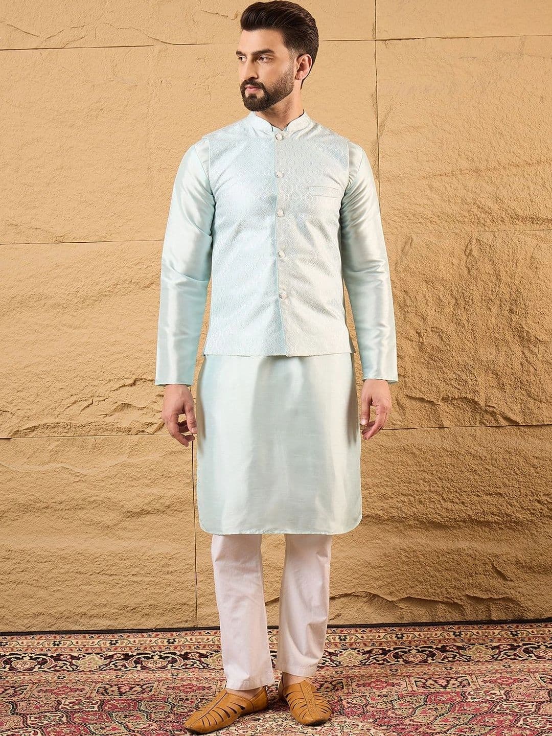 Ethnic Bay Woven Design Silk Blend Woven Nehru Jackets - view 1