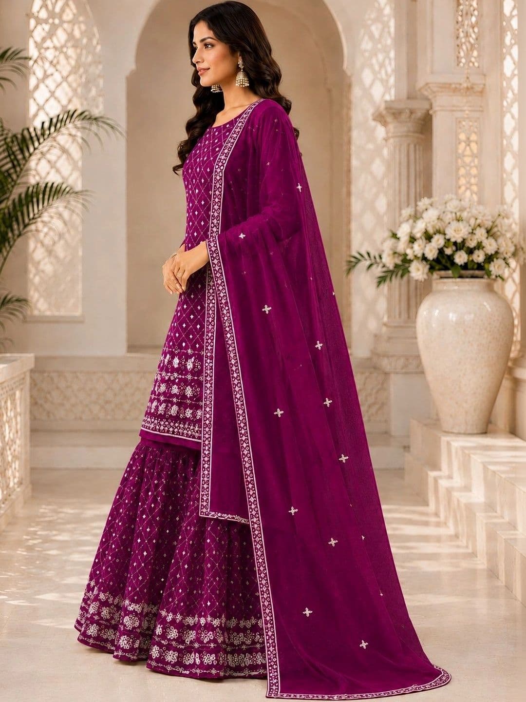 TUHIRAAJ Women Ethnic Motifs Embroidered Regular Sequinned Kurta with Sharara & With Dupatta - view 1