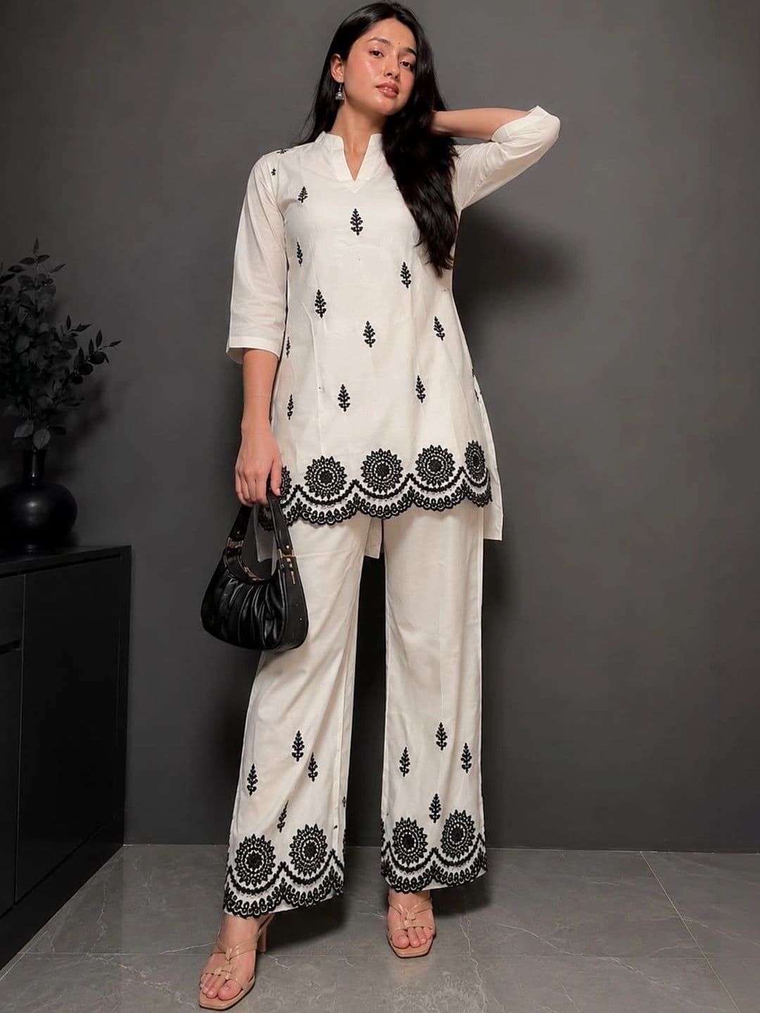 KALINI Women Ethnic Motifs Embroidered Regular Thread Work Pure Cotton Kurta with Palazzos - view 1