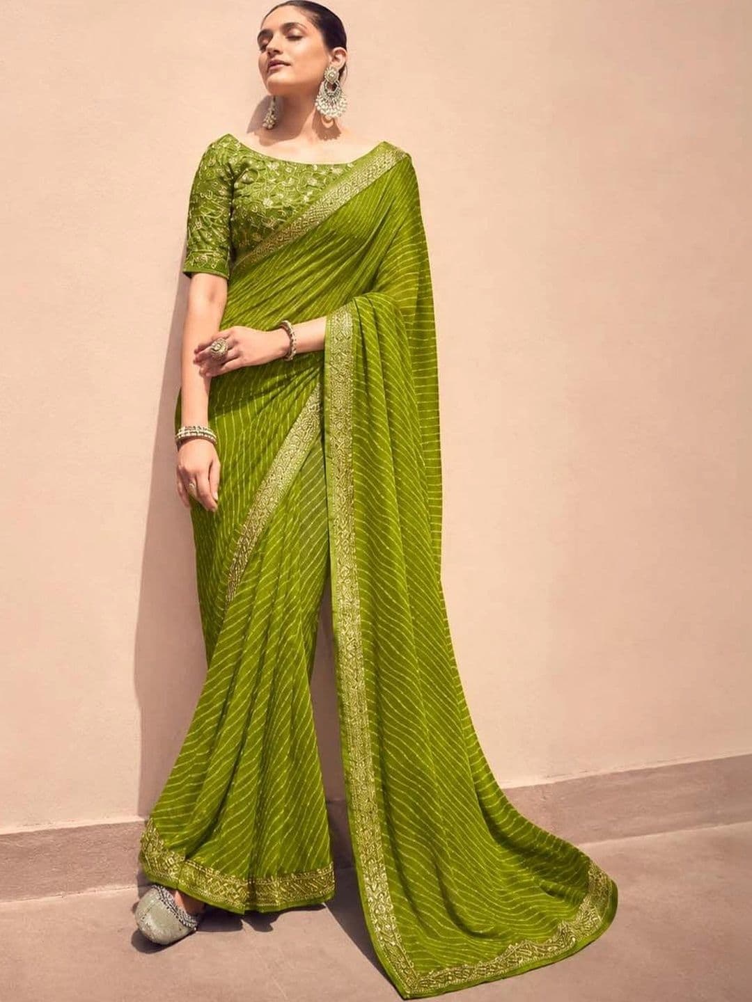 HERE&NOW Leheriya Embroidered Poly Georgette Leheriya Saree - view 1
