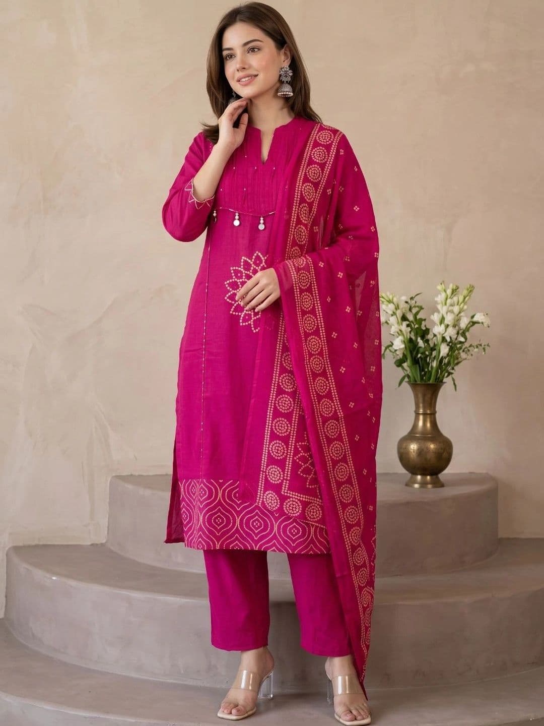 Sangria Women Ethnic Motifs Printed Regular Pure Cotton Kurta with Trousers & With Dupatta - view 1