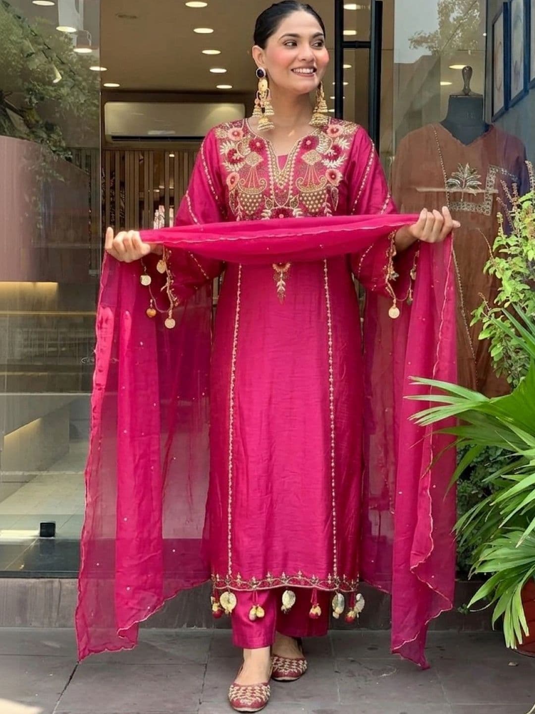 SHIVHET FAB Women Ethnic Motifs Embroidered Regular Thread Work Chanderi Silk Kurta with Trousers & With - view 1