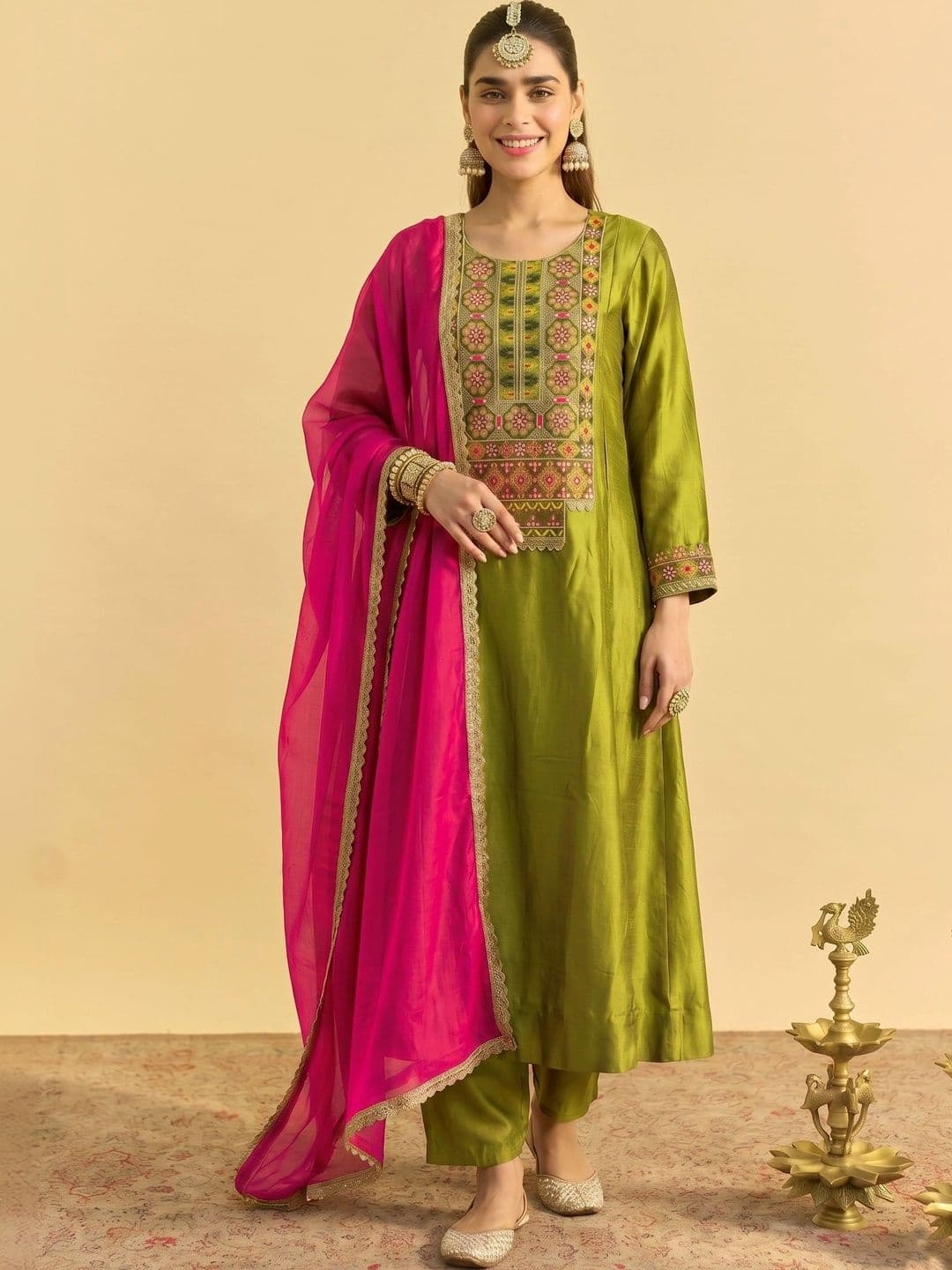 HERE&NOW Women Ethnic Motifs Embroidered Regular Thread Work Dupion Silk Kurta with Trousers & With Dupatta - view 1