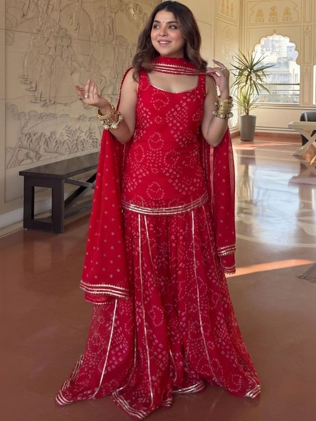 KALINI Women Bandhani Printed Regular Gotta Patti Silk Georgette Kurta with Sharara & With Dupatta - view 1