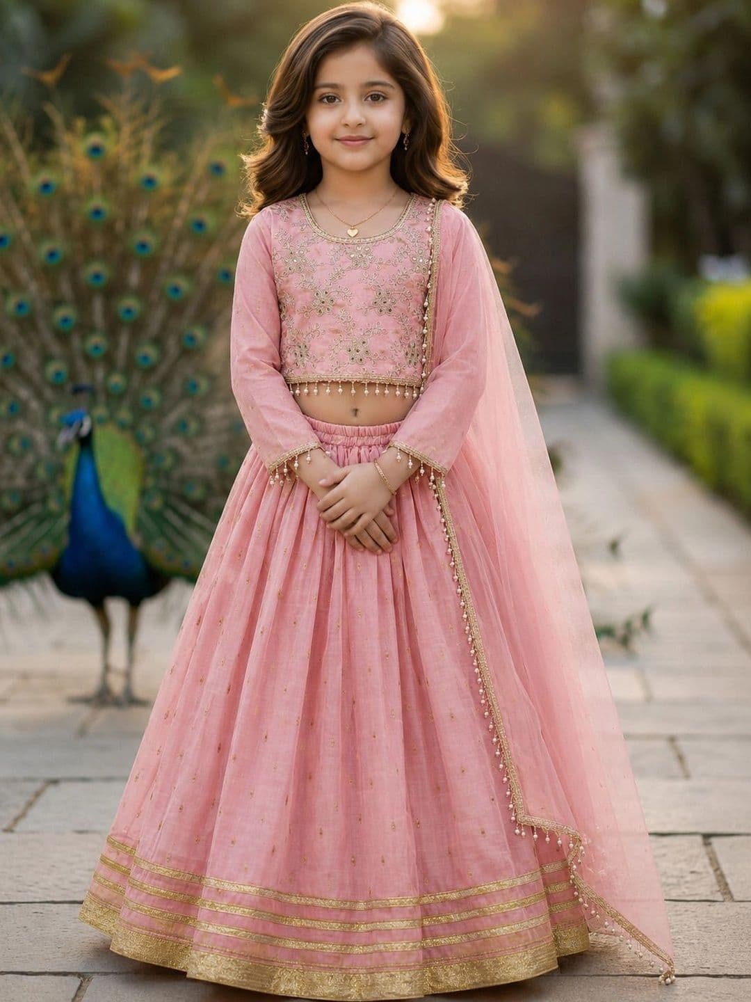 KALINI Girls Embroidered Mirror Work Ready to Wear Lehenga & Blouse With Dupatta - view 1
