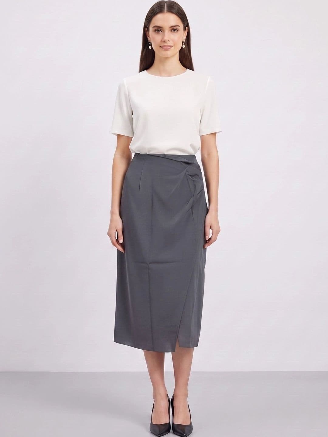 Neet Women Satin Sleek Utility Front Slit Midi Straight Skirt - view 1