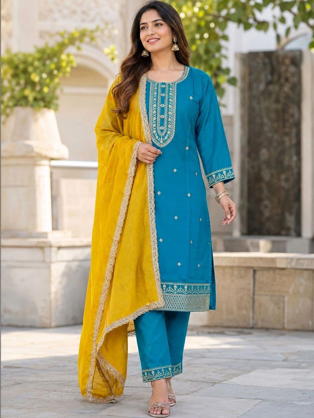 Moda Rapido Women Ethnic Motifs Embroidered Regular Thread Work Kurta with Trousers & With Dupatta - view 1