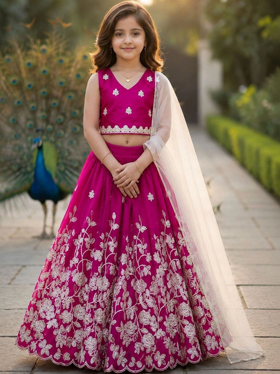 KALINI Girls Embroidered Thread Work Ready to Wear Lehenga & Blouse With Dupatta - view 1