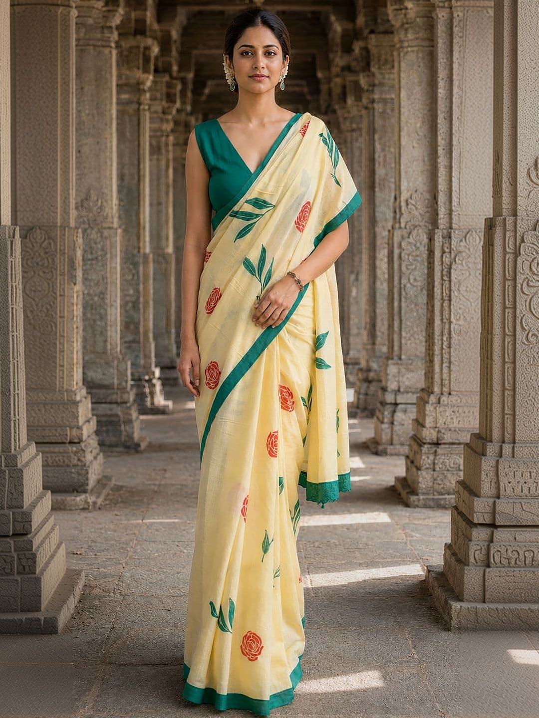 Mitera Linen Blend Designer Block Print Saree - view 1