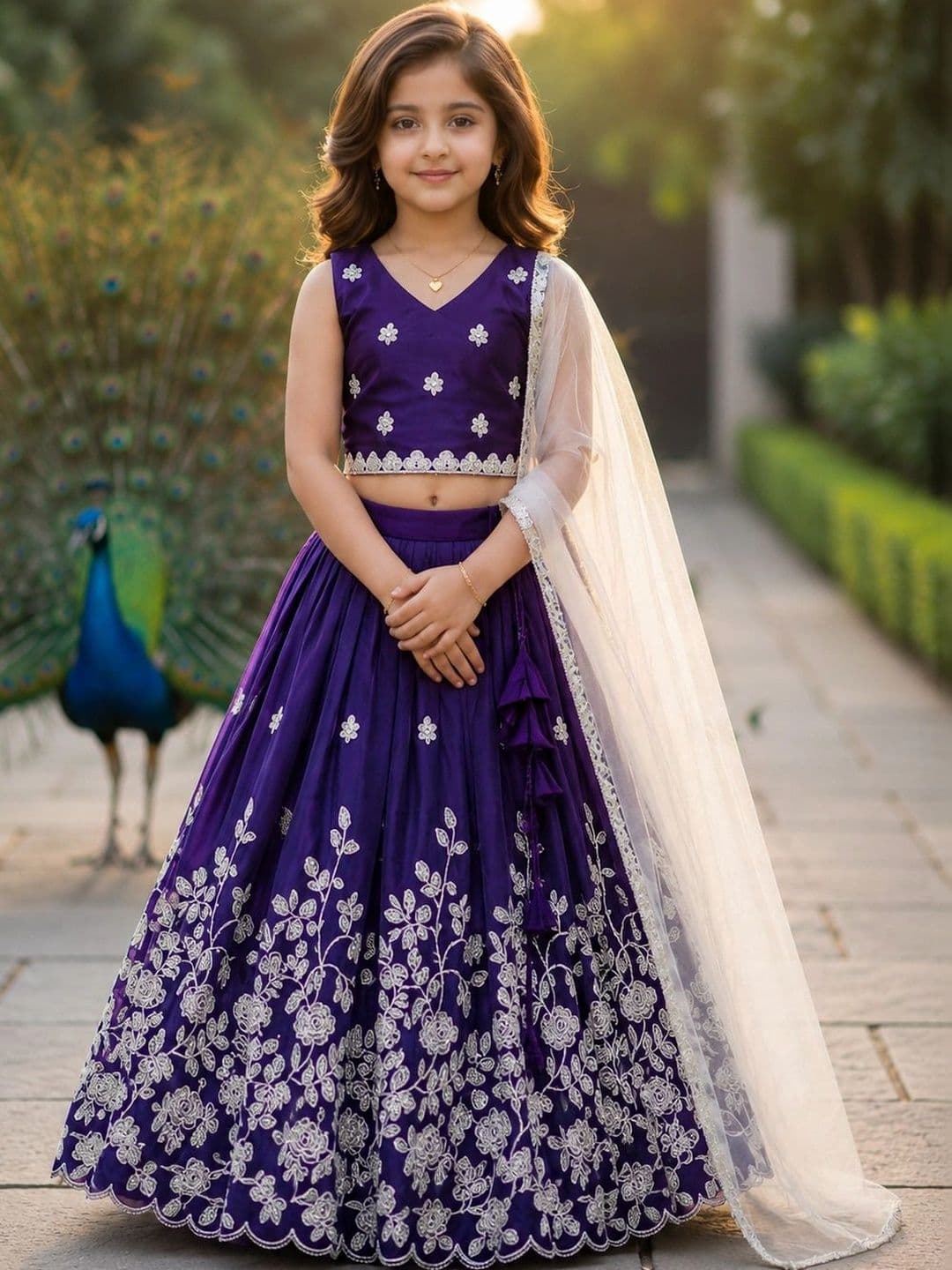 KALINI Girls Embroidered Thread Work Ready to Wear Lehenga & Blouse With Dupatta - view 1