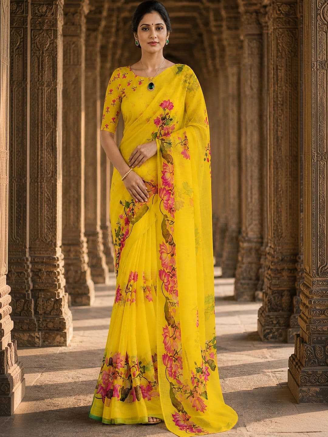 Mitera Floral Linen Blend Designer Block Print Saree - view 1