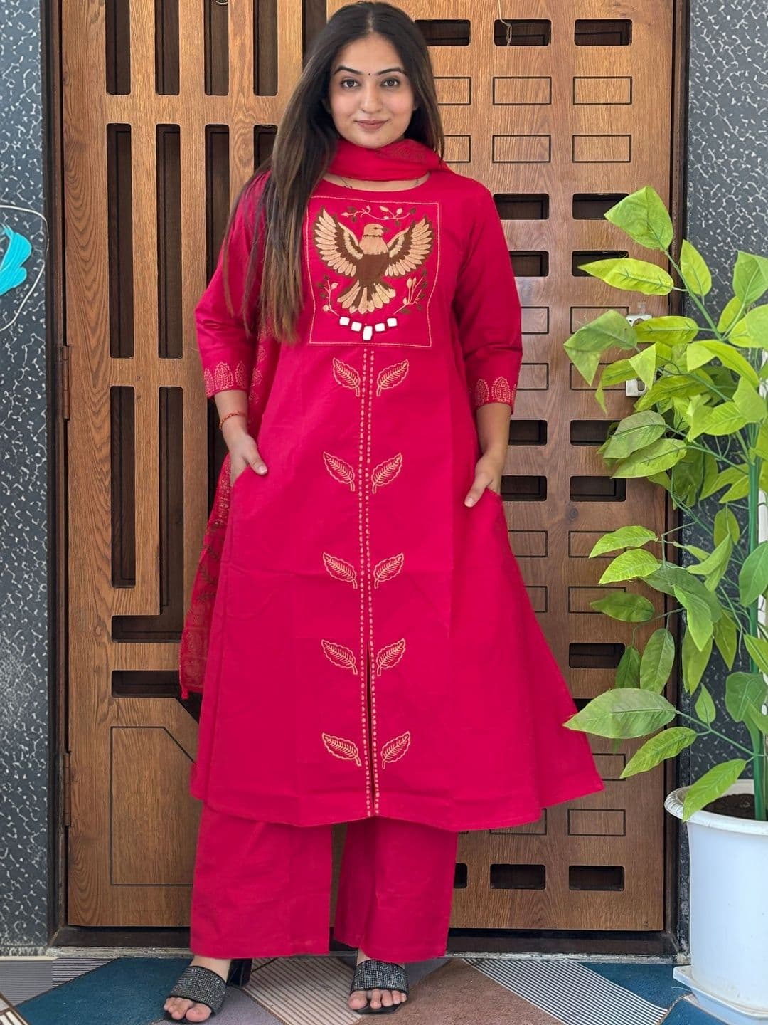 MORZAR Women Ethnic Motifs Embroidered Regular Mirror Work Pure Cotton Kurta with Palazzos & With Dupatta - view 1