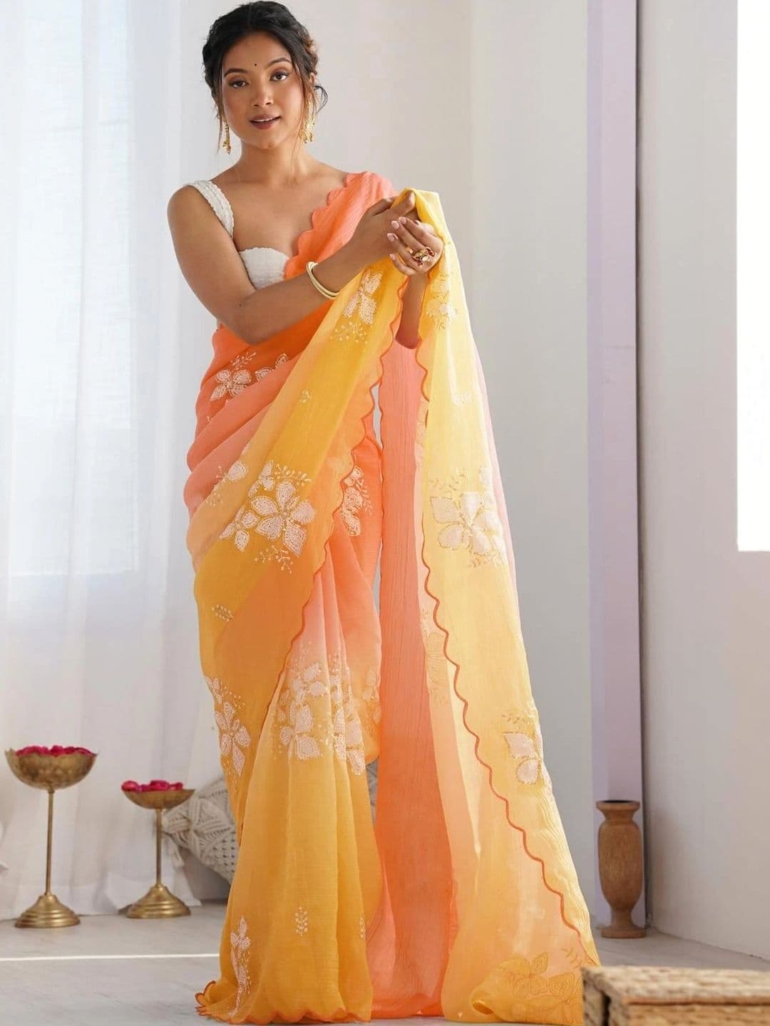Vastrangam Floral Embroidered Poly Georgette Designer Saree - view 1
