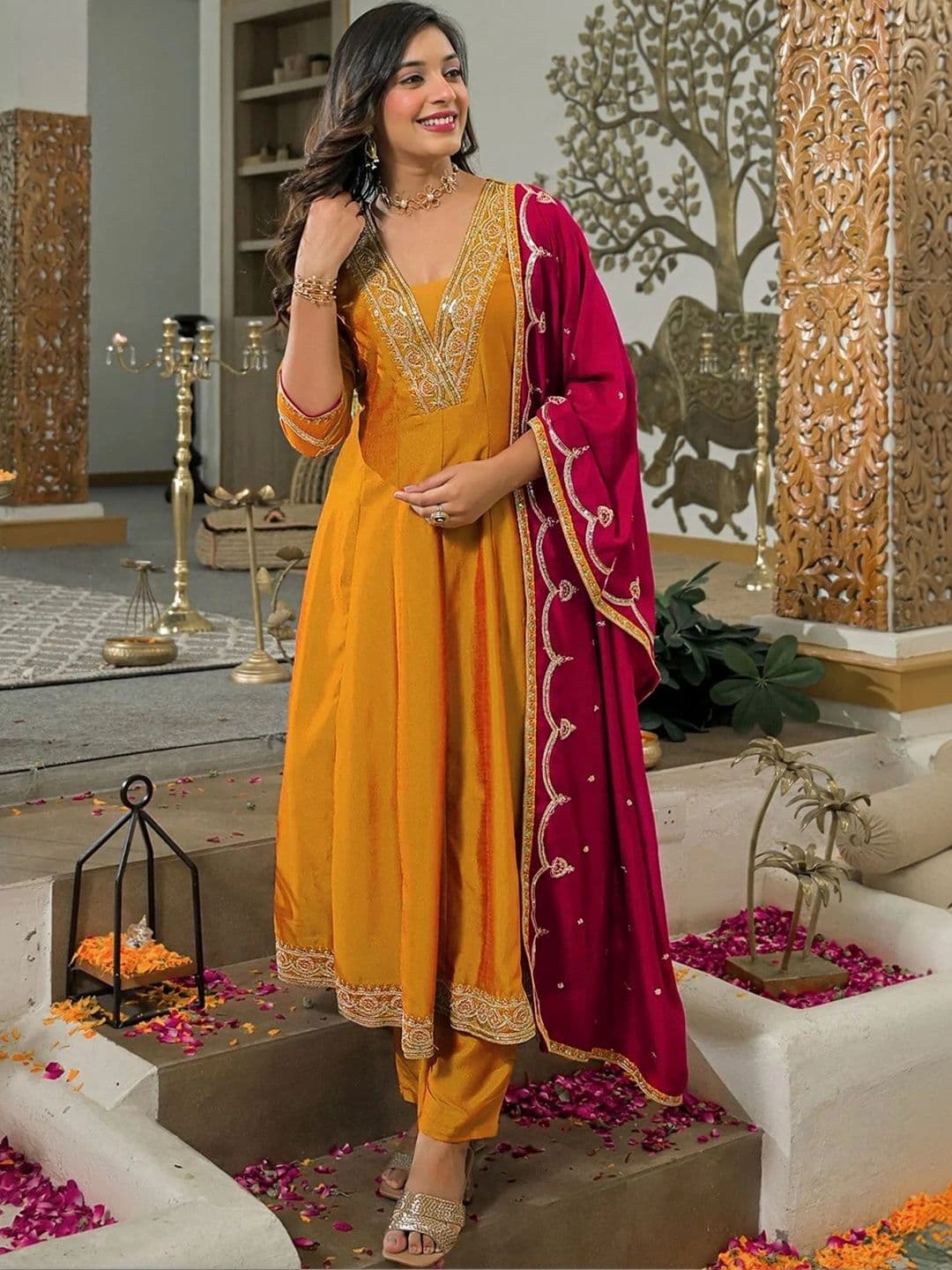 DRESSIFY Women Embroidered Regular Thread Work Raw Silk Kurta with Trousers & With Dupatta - view 1