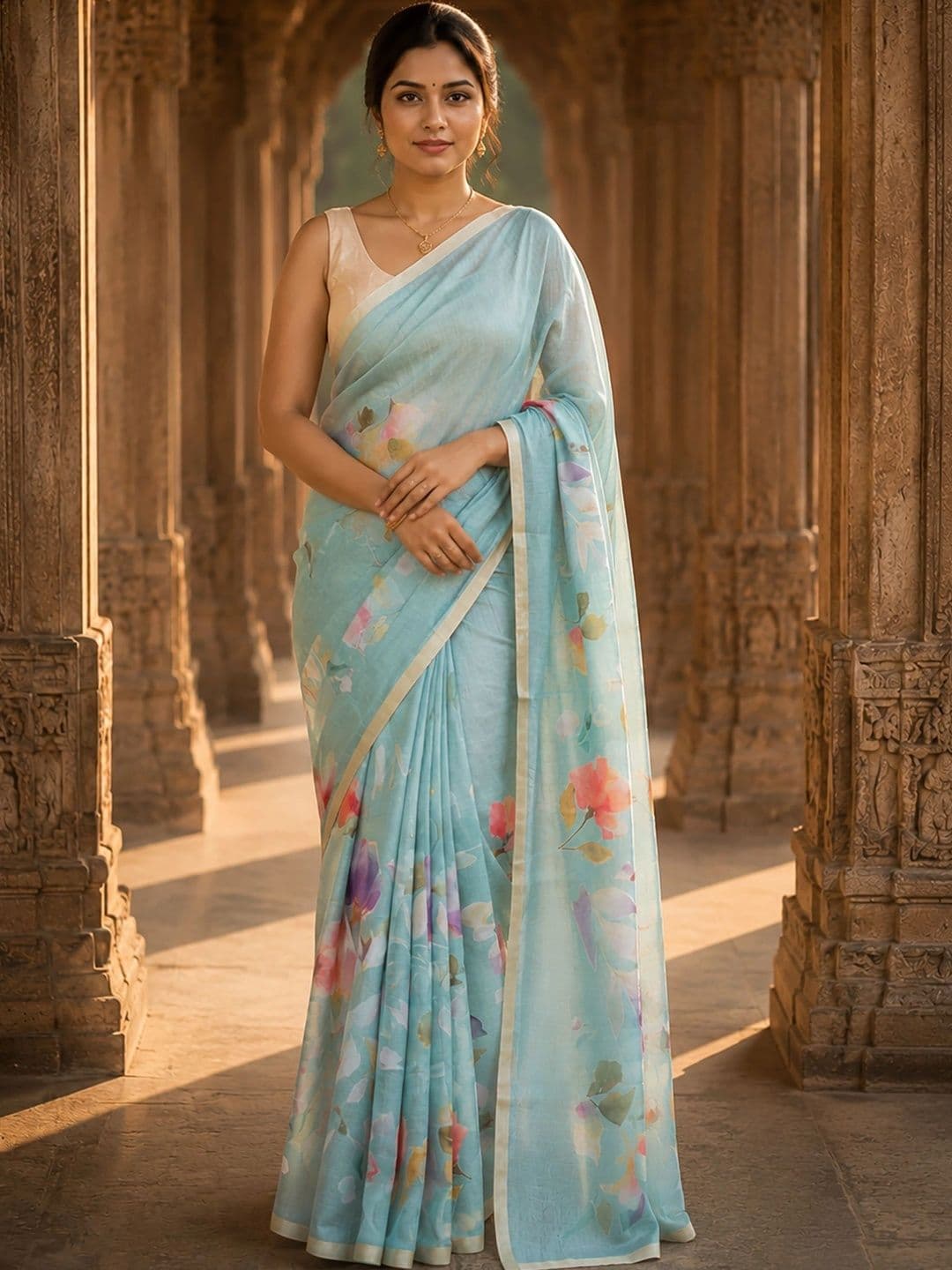 Anjaneya Sarees Linen Blend Designer Block Print Saree - view 1