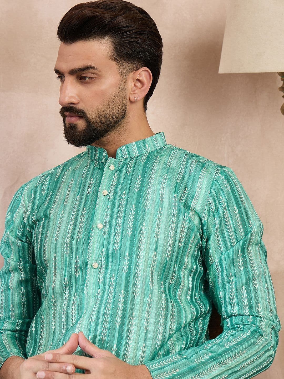 House of Pataudi Printed Mandarin Collar Knee Length Straight Kurta - view 1