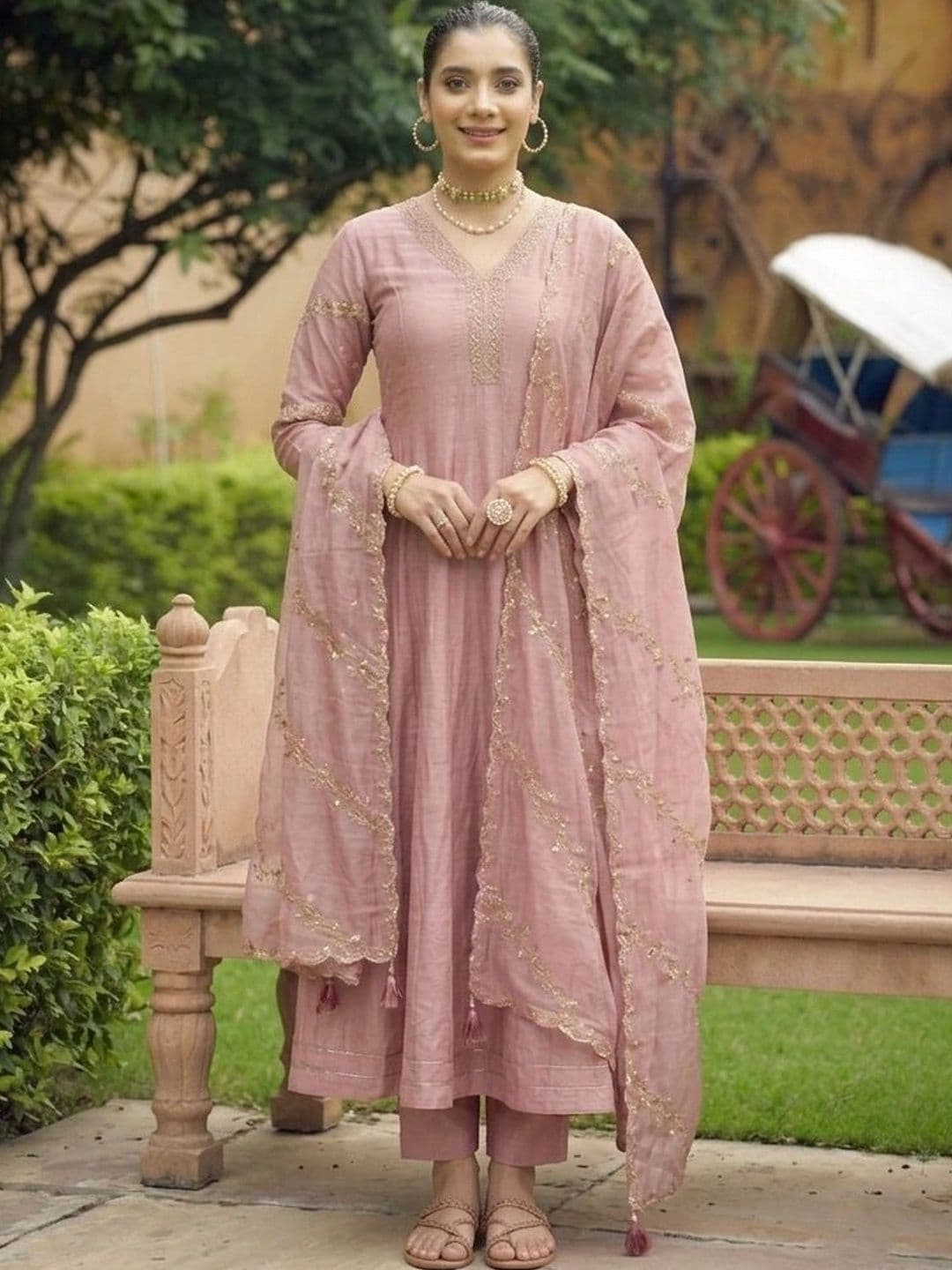 MOKOSH Women Rose Pink Embroidered Anarkali Kurta & Pant With Dupatta - view 1
