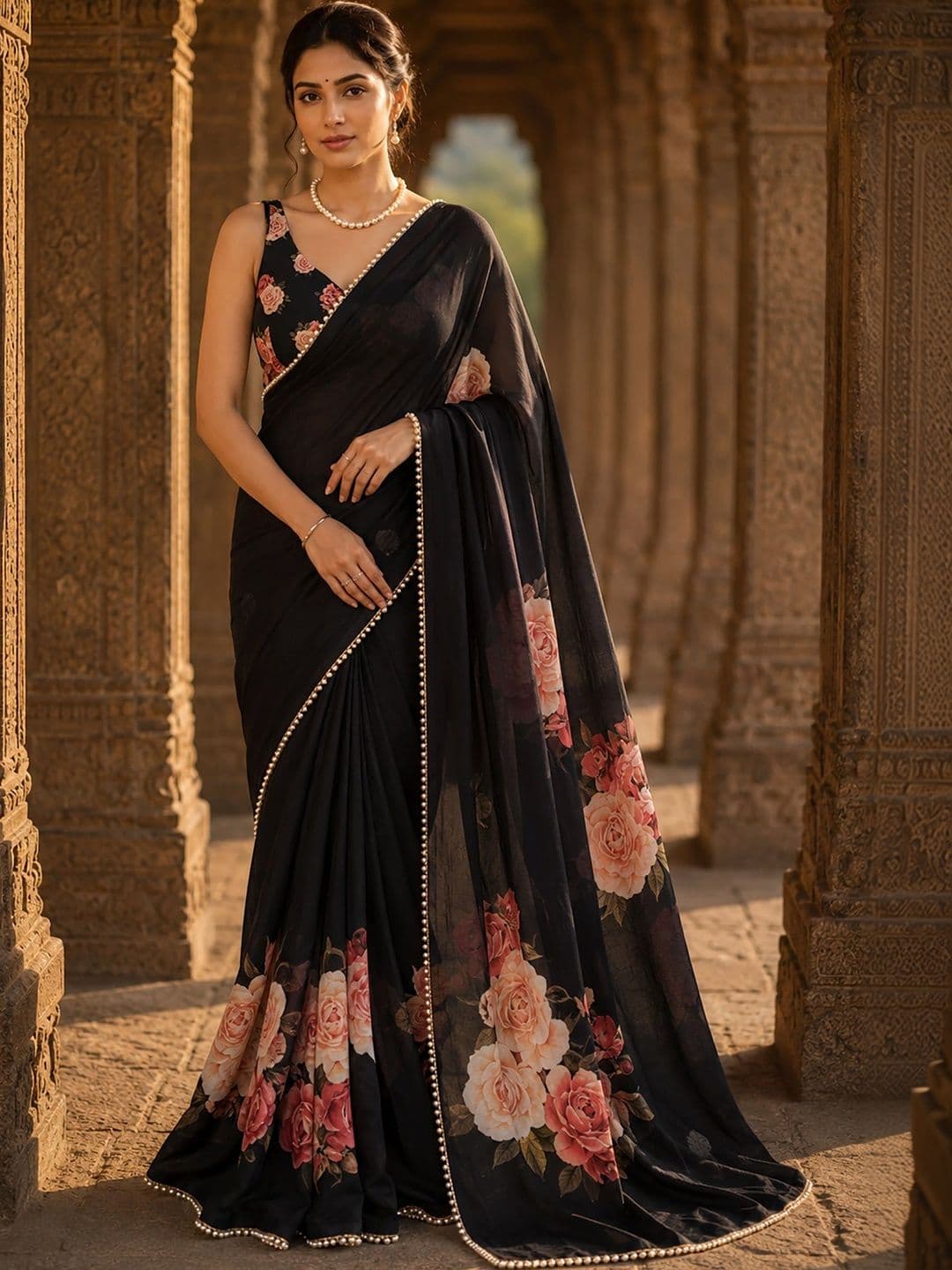 Anjaneya Sarees Poly Georgette Designer Block Print Saree - view 1