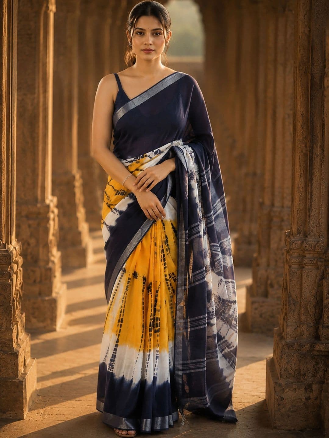 Anjaneya Sarees Linen Blend Designer Block Print Saree - view 1